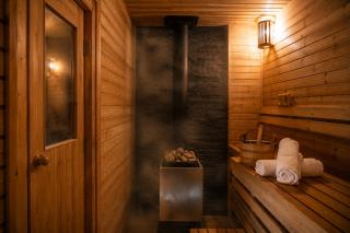 Nordic Spa Log Cabin Experience, Sauna, Cold Plunge, Hot Tub & Theater - 9