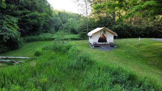 Spacious Safari Tent with King Bed and Covered Deck near Lake Champagne, Randolph, Vermont - 0