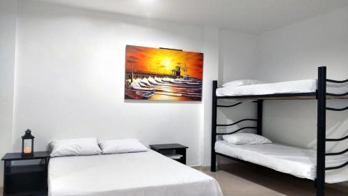 1 double bed, 2 bunk beds