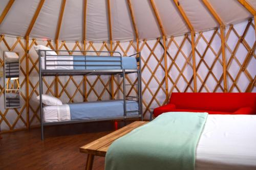 1 double bed, 2 bunk beds, 1 futon bed