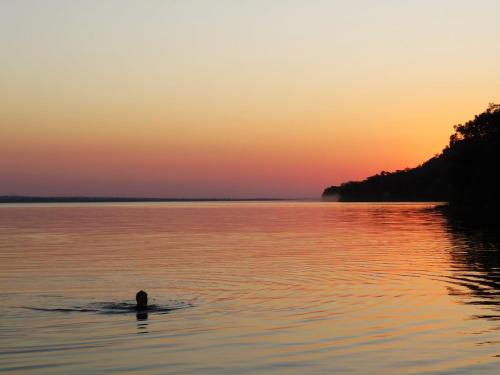 a person swimming in a lake at sunset