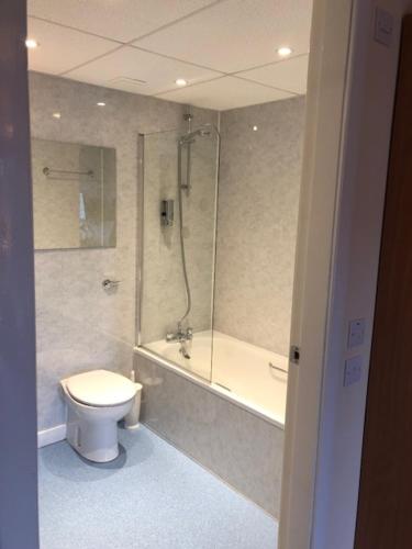 a bathroom with a toilet, sink, and shower, The Brae Hotel in Brae