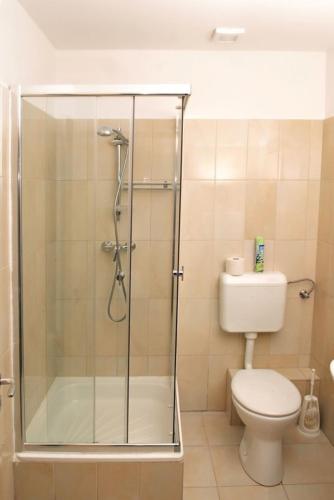 a bathroom with a shower, toilet, and sink, Hungaria Apartments in Pecs