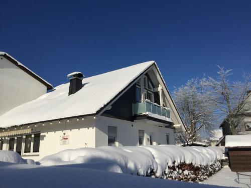 Exterior view, Snow covered Holiday Home in Winterberg with Sauna Garden in Langewiese