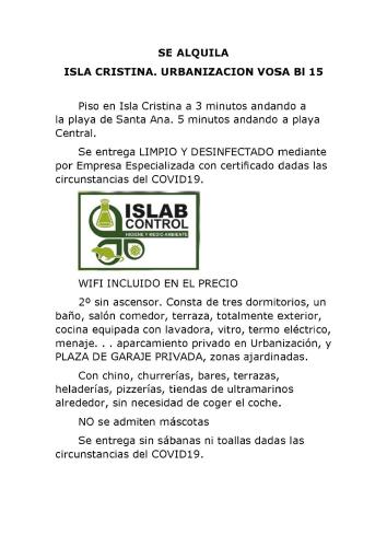  URB VOSA. PISO AMUEBLADO. WIFI. AA. 3 DORMITORIOS. CON PLAZA DE GARAJE in Isla Cristina