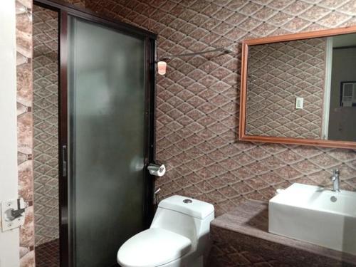 a bathroom with a sink, toilet and mirror, 7 Meadows Inn in Bohol
