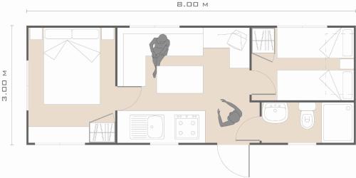 1 queen bed, 3 twin beds, 1 futon bed