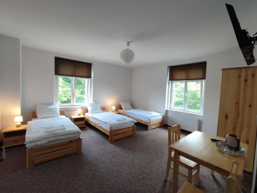 1 queen bed, 3 twin beds