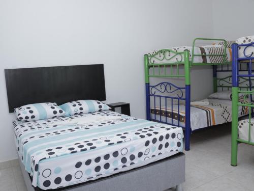 1 queen bed, 2 bunk beds