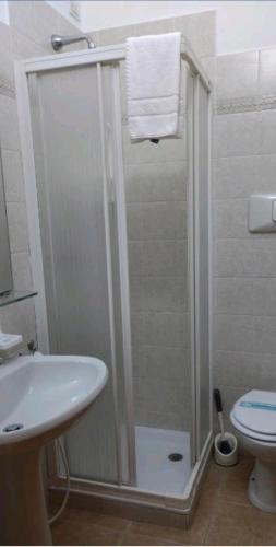 a bathroom with a toilet, sink, and shower stall, Hotel Nuovo Rondo in Sesto San Giovanni