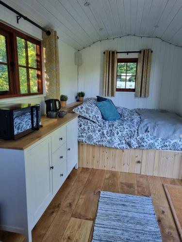 Shepherds hut surrounded by fields and the Jurassic coast