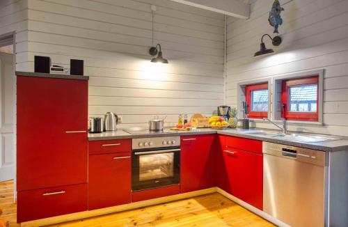 virtuve, traumHaff - Sea Hideaway Ostsee Region - privates NORDICSPA, Kamin, Kunst, Hund 300m zum Strand in Eggesin
