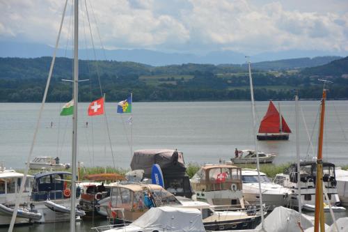 Leben im Hafen am idyllischen Murtensee in Guévaux, Schweiz