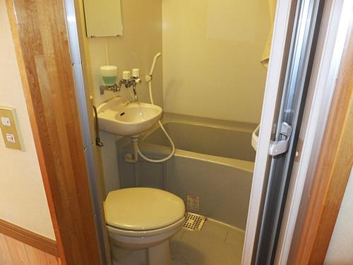 a bathroom with a toilet, sink, and shower, Funny Inn in Hakuba