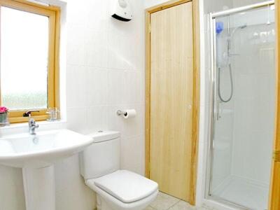 a white toilet sitting next to a shower in a bathroom, Ben Alder Lodge in Glasgow