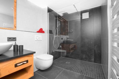 Bathroom, Chalet-Ferienwohnung Kornspeicher, 70 qm, Wellness/Fitness/Sauna – Bergrodelhof in Topen