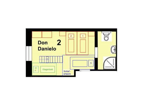 1 queen bed, 1 twin bed, 1 bunk bed