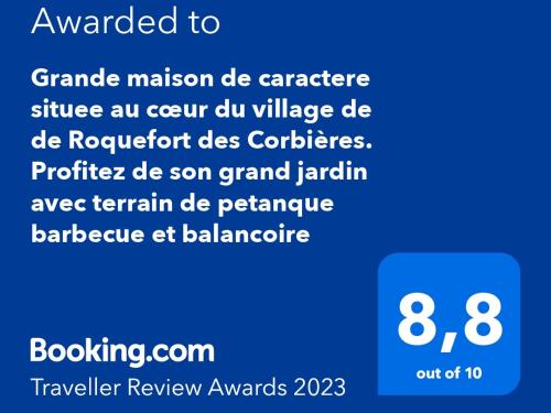 Grande maison de caractere situee au cœur du village de de Roquefort des Corbières. Profitez de son grand jardin avec terrain de petanque barbecue et balancoire