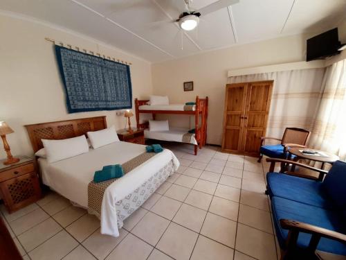 2 twin beds, 1 bunk bed, 1 sofa bed