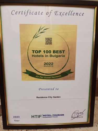 Residence City Garden - Certificate of Excellence 3rd place in Top 10 BEST Five-Stars City Hotels for 2023 awarded by HTIF