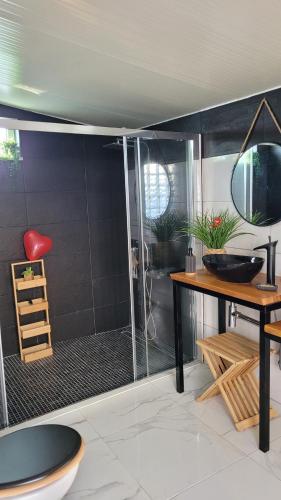 淋浴設備, Villa piscine balnéothérapie et jacuzzi entièrement privée (Villa piscine balneotherapie et jacuzzi entierement privee) in 塔布亞