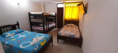 1 double bed, 2 bunk beds