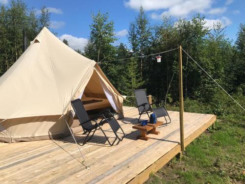 Glamping tent in a forest, lake view