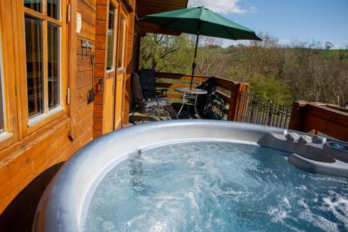 Karstais baseins, George Cabin - Log Cabin in Wales with Hot tub in Bettws Cedewain