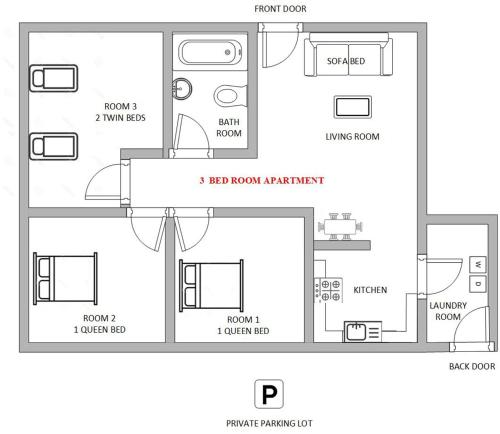 1 or 3 Bedroom Apartment with Full Kitchen