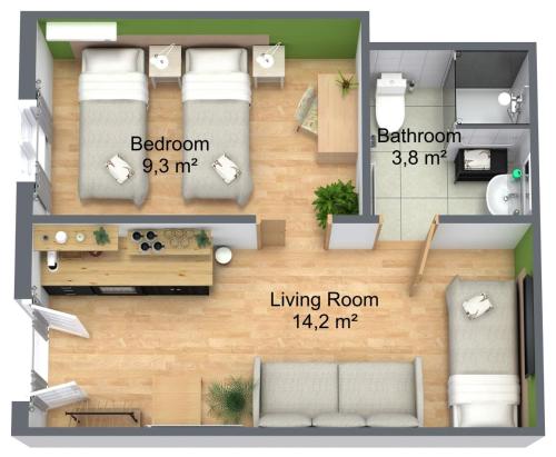 1 double bed, 1 sofa bed