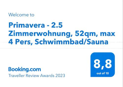 Primavera - 2.5 Zimmerwohnung, 52qm, max 4 Pers, Schwimmbad/Sauna