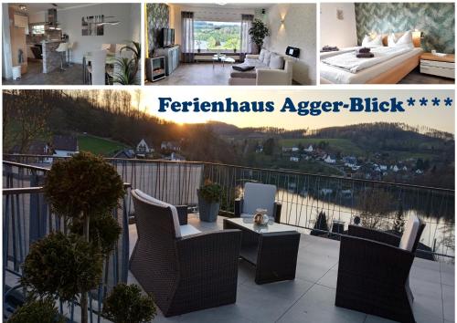 Балкон, Exklusives Ferienhaus "Agger-Blick" mit riesiger Seeblick-Terrasse, Sauna, E-Kamin & Kajak in Gummersbach