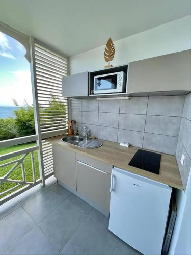 ห้องครัว, Charmant appartement avec piscine et vue sur mer in เลอ ยามัน