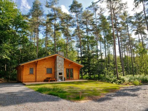 Modern wooden chalet with wood burning stove in the forest