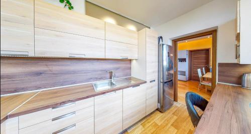 Kitchen, Novy apartman v Ostrave u Misky s akvariem a vyhledem z balkonu na Beskydy in Svinov