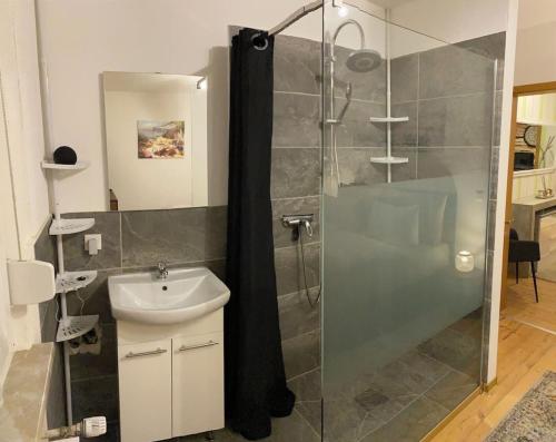 Kleines Apartment mit begehbarer Dusche im Schlafzimmer