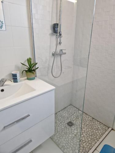 バスルーム, Les Villas du Bambou - Appartement AZUL de 1 à 3 pers (Les Villas du Bambou - Appartement AZUL de 1 a 3 pers) in ゴシエール