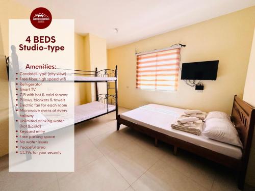 1 double bed, 2 bunk beds