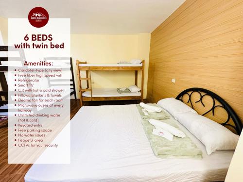 1 double bed, 4 bunk beds