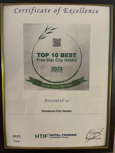 Residence City Garden - Certificate of Excellence 3rd place in Top 10 BEST Five-Stars City Hotels for 2023 awarded by HTIF