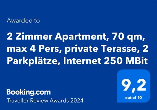 2 Zimmer Apartment, 70 qm, max 4 Pers, private Terasse, 2 Parkplätze, Internet 250 MBit