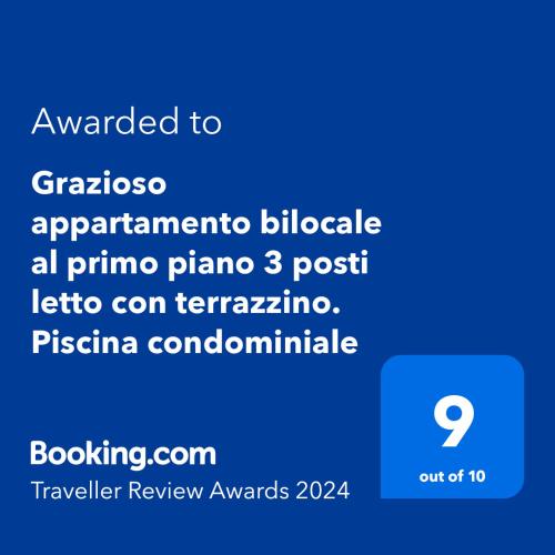 Grazioso appartamento bilocale al primo piano 3 posti letto con terrazzino. Piscina condominiale