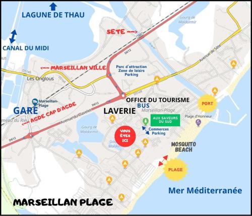 Résidence Le SUNSET Marseillan-plage, entre mer, canal du midi et lagune de Thau, étape vélo, famille, couple, VRP, toutou admis, jardin, parking privé gratuit, vélos, Clim, WIFI fibre gratuite, commodités, plage et piste cyclable à proximité