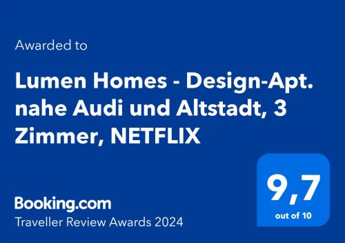 Lumen Homes - Design-Apt. nahe Audi und Altstadt, 3 Zimmer, NETFLIX