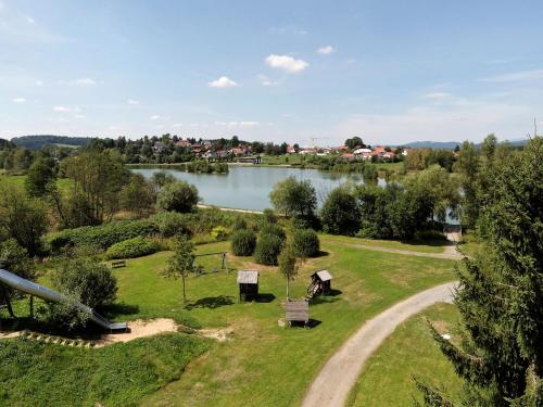 Wooden chalet with terrace near a swimming lake