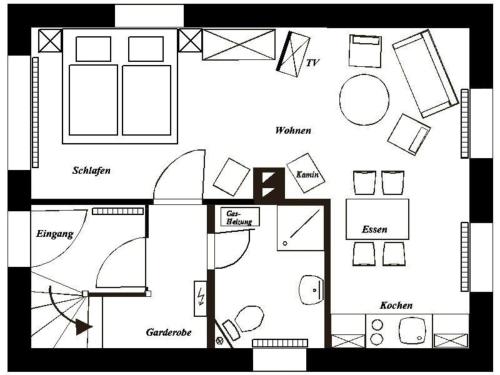 Gemütliche Einraumwohnung im Erdgeschoss mit Doppelbett und Kaminofen