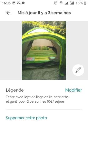 Tente 2 places installée sur emplacement 40 camping calme