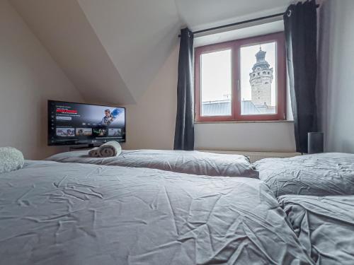 Rathausblick – Moderne Ferienwohnung mit 2 Schlafzimmern, Küche, Bad, Waschmaschine & Trockner mitten in der Innenstadt, Lipsko (fotografie 2)