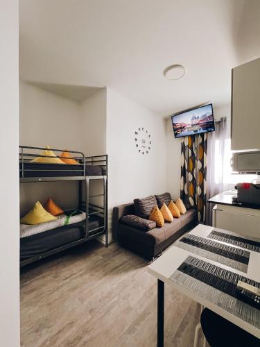 共用Lounge/電視區, Ferienwohnung, Monteur-Appartment R8 (Neuwertiges Apartment mit schnellem WLAN, Netflix, Glasfaser, Kostenlose Privatparkplatz auch fur Tr) in 內卡河畔弗萊貝爾格