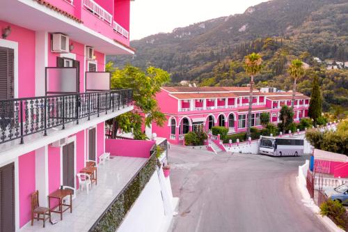 Exterior view, The Pink Palace Hostel in Corfu Island
